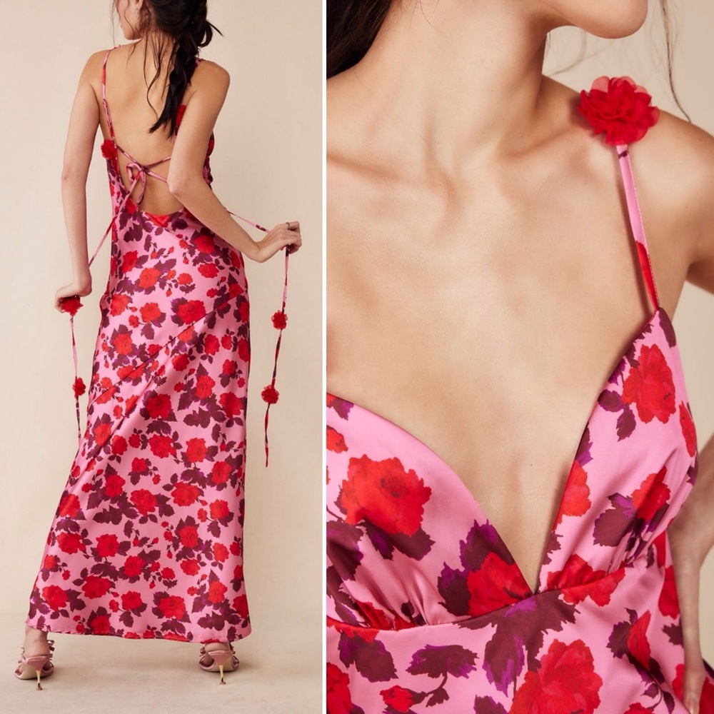 🛍️NWT For Love & Lemons Huda Satin Floral Free People Rosette Maxi Gown small - Picture 2 of 9
